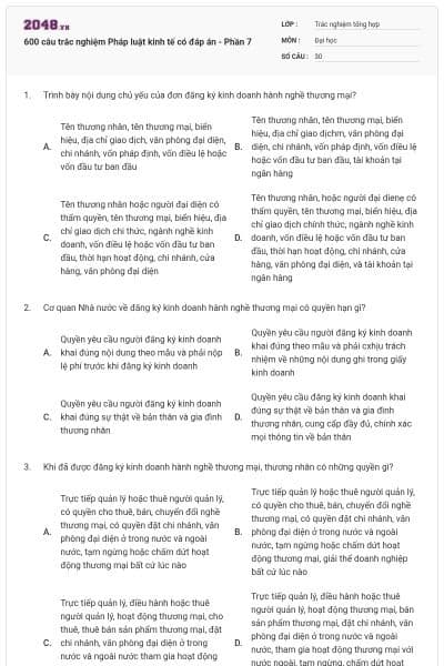 600 câu trắc nghiệm Pháp luật kinh tế có đáp án - Phần 7