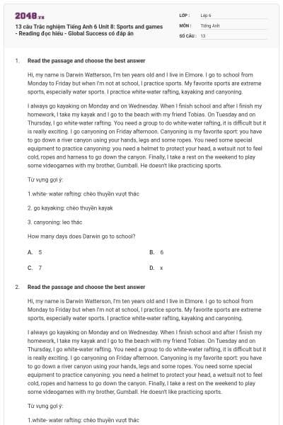 13 câu Trắc nghiệm Tiếng Anh 6 Unit 8: Sports and games - Reading đọc hiểu - Global Success có đáp án