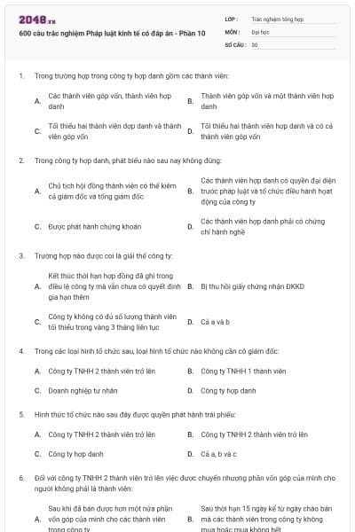 600 câu trắc nghiệm Pháp luật kinh tế có đáp án - Phần 10