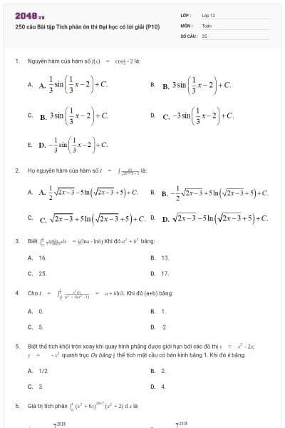 250 câu Bài tập Tích phân ôn thi Đại học có lời giải (P10)