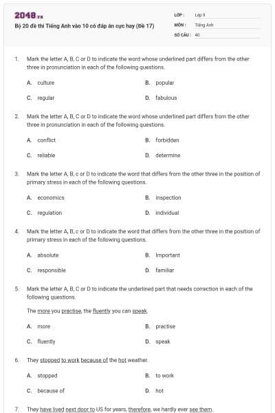 Bộ 20 đề thi Tiếng Anh vào 10 có đáp án cực hay (Đề 17)