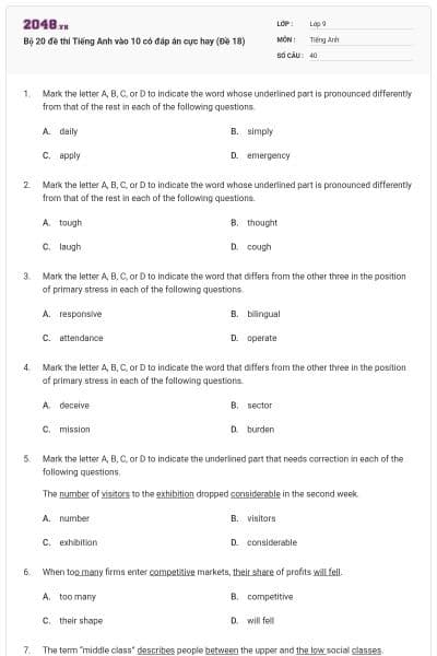 Bộ 20 đề thi Tiếng Anh vào 10 có đáp án cực hay (Đề 18)