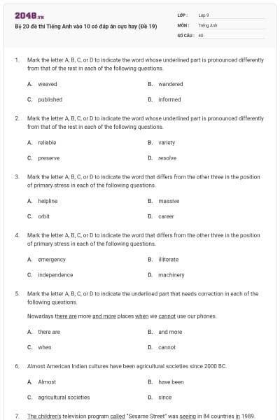 Bộ 20 đề thi Tiếng Anh vào 10 có đáp án cực hay (Đề 19)