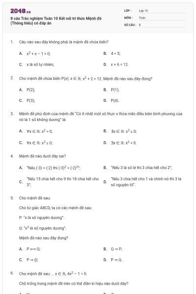 8 câu Trắc nghiệm Toán 10 Kết nối tri thức Mệnh đề (Thông hiểu) có đáp án