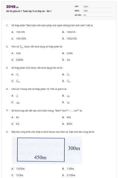 Đề thi giữa kì 1 Toán lớp 5 có đáp án - Đề 1