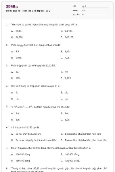 Đề thi giữa kì 1 Toán lớp 5 có đáp án - Đề 2