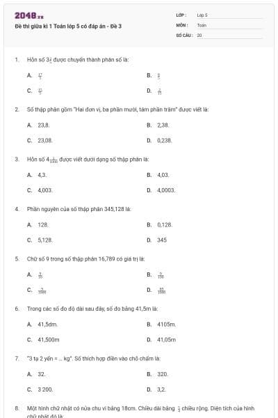 Đề thi giữa kì 1 Toán lớp 5 có đáp án - Đề 3