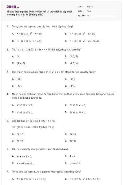 15 câu Trắc nghiệm Toán 10 Kết nối tri thức Bài ôn tập cuối chương 1 có đáp án (Thông hiểu)