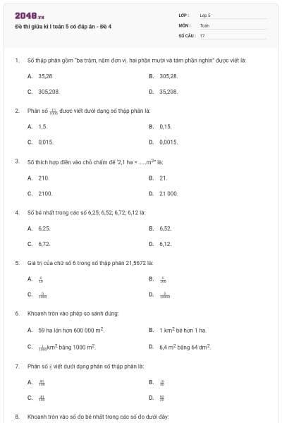 Đề thi giữa kì I toán 5 có đáp án - Đề 4