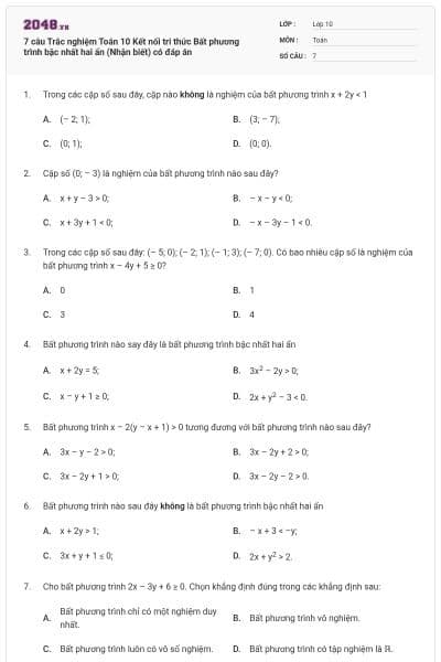 7 câu Trắc nghiệm Toán 10 Kết nối tri thức Bất phương trình bậc nhất hai ẩn (Nhận biết) có đáp án