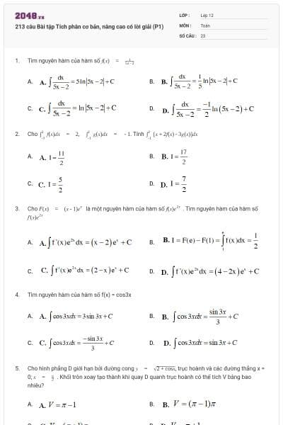 213 câu Bài tập Tích phân cơ bản, nâng cao có lời giải (P1)