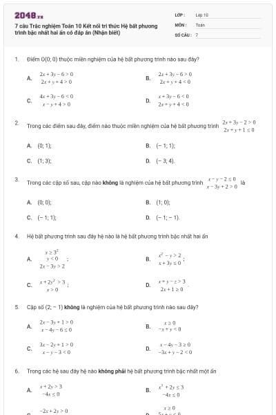 7 câu Trắc nghiệm Toán 10 Kết nối tri thức Hệ bất phương trình bậc nhất hai ẩn có đáp án (Nhận biết)