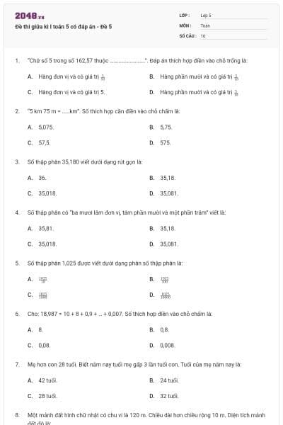 Đề thi giữa kì I toán 5 có đáp án - Đề 5