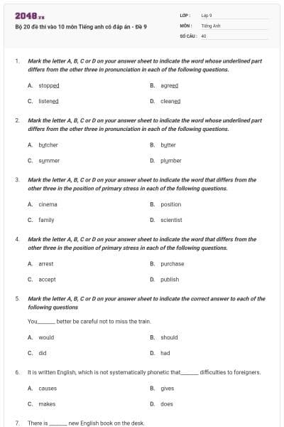 Bộ 20 đề thi vào 10 môn Tiếng anh có đáp án - Đề 9