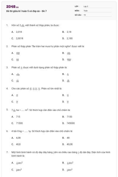 Đề thi giữa kì I toán 5 có đáp án - Đề 7