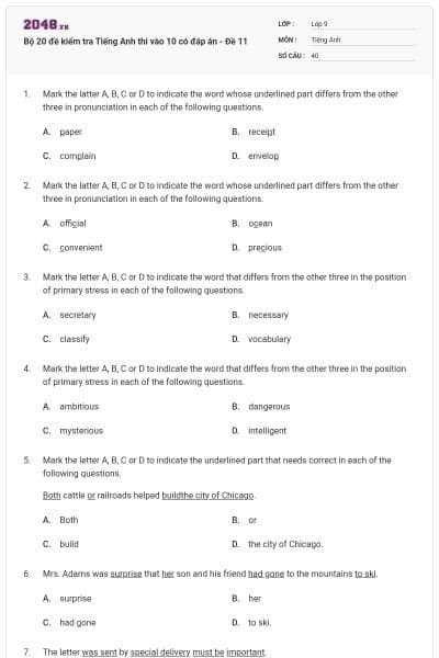 Bộ 20 đề kiểm tra Tiếng Anh thi vào 10 có đáp án - Đề 11