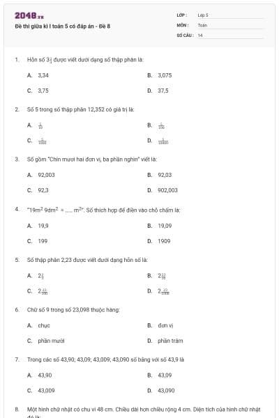 Đề thi giữa kì I toán 5 có đáp án - Đề 8