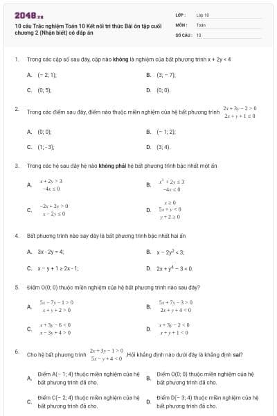 10 câu Trắc nghiệm Toán 10 Kết nối tri thức Bài ôn tập cuối chương 2 (Nhận biết) có đáp án