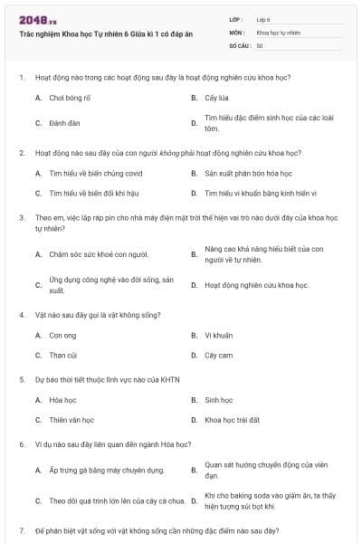 Trắc nghiệm Khoa học Tự nhiên 6 Giữa kì 1 có đáp án