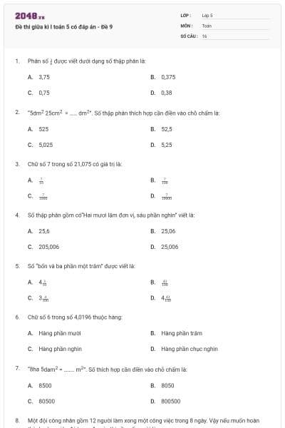 Đề thi giữa kì I toán 5 có đáp án - Đề 9