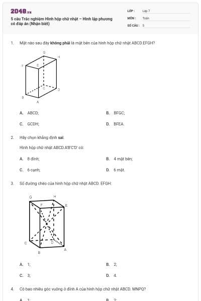 5 câu Trắc nghiệm Hình hộp chữ nhật – Hình lập phương có đáp án (Nhận biết)