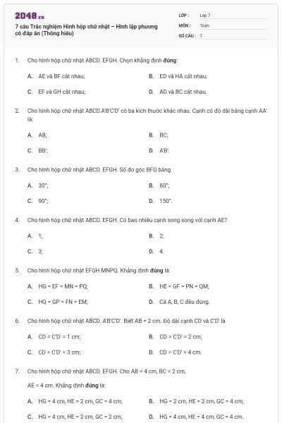 7 câu Trắc nghiệm Hình hộp chữ nhật – Hình lập phương có đáp án (Thông hiểu)