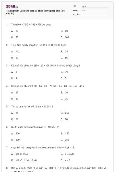 Trắc nghiệm Các dạng toán về phép trừ và phép chia ( có đáp án)
