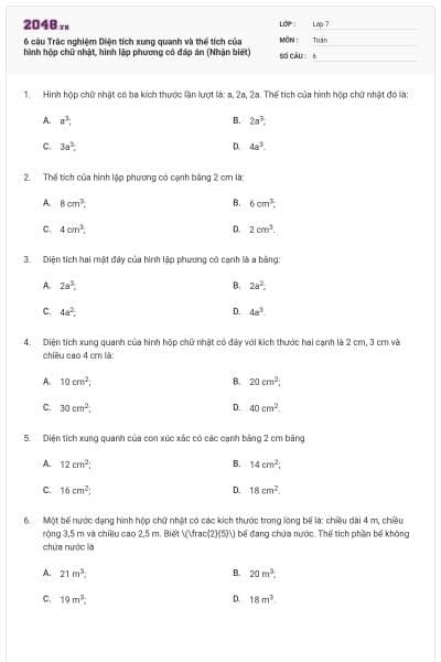6 câu Trắc nghiệm Diện tích xung quanh và thể tích của hình hộp chữ nhật, hình lập phương có đáp án (Nhận biết)