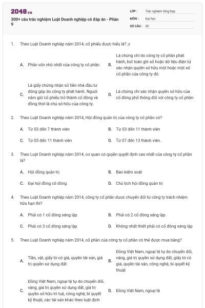 300+ câu trắc nghiệm Luật Doanh nghiệp có đáp án - Phần 9