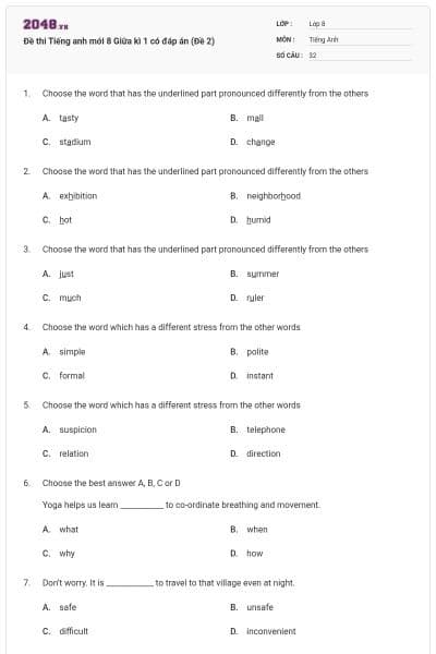 Đề thi Tiếng anh mới 8 Giữa kì 1 có đáp án (Đề 2)