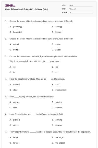 Đề thi Tiếng anh mới 8 Giữa kì 1 có đáp án (Đề 6)