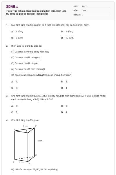 7 câu Trắc nghiệm Hình lăng trụ đứng tam giác. Hình lăng trụ đứng tứ giác có đáp án (Thông hiểu)