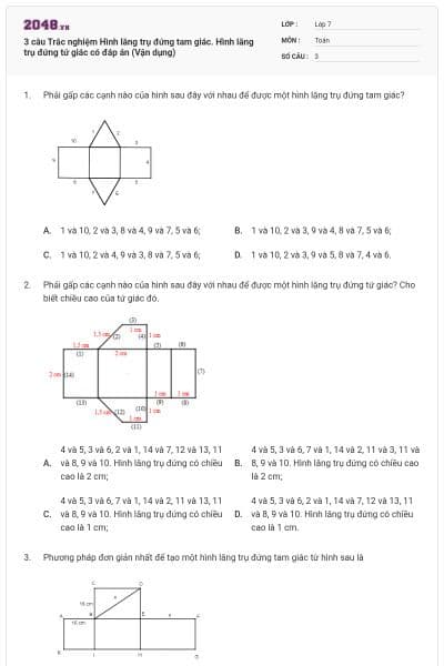 3 câu Trắc nghiệm Hình lăng trụ đứng tam giác. Hình lăng trụ đứng tứ giác có đáp án (Vận dụng)