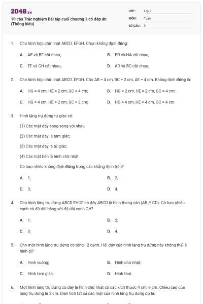10 câu Trắc nghiệm Bài tập cuối chương 3 có đáp án (Thông hiểu)