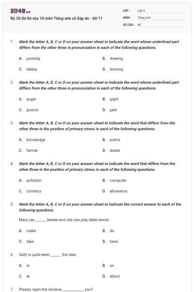 Bộ 20 đề thi vào 10 môn Tiếng anh có đáp án - Đề 11