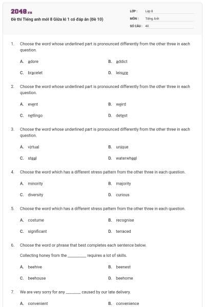 Đề thi Tiếng anh mới 8 Giữa kì 1 có đáp án (Đề 10)