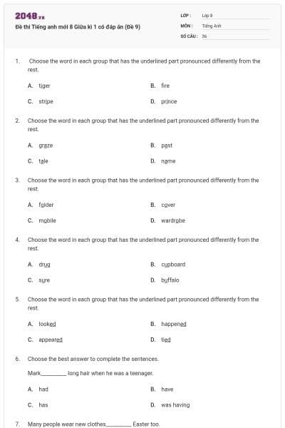 Đề thi Tiếng anh mới 8 Giữa kì 1 có đáp án (Đề 9)