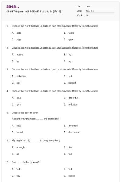Đề thi Tiếng anh mới 8 Giữa kì 1 có đáp án (Đề 13)