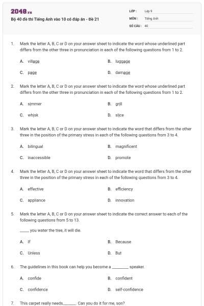 Bộ 40 đề thi Tiếng Anh vào 10 có đáp án - Đề 21