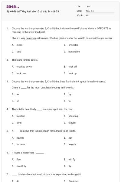 Bộ 40 đề thi Tiếng Anh vào 10 có đáp án - Đề 23