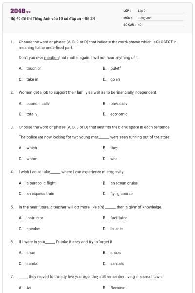 Bộ 40 đề thi Tiếng Anh vào 10 có đáp án - Đề 24