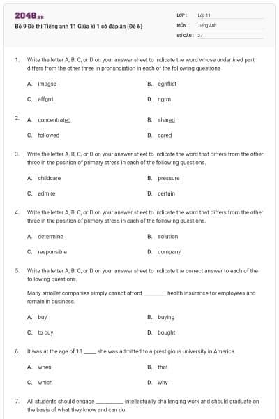 Bộ 9 Đề thi Tiếng anh 11 Giữa kì 1 có đáp án (Đề 6)