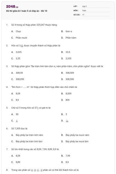 Đề thi giữa kì I toán 5 có đáp án - Đề 10