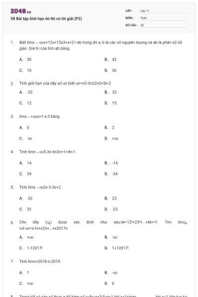 58 Bài tập Giới hạn ôn thi có lời giải (P2)