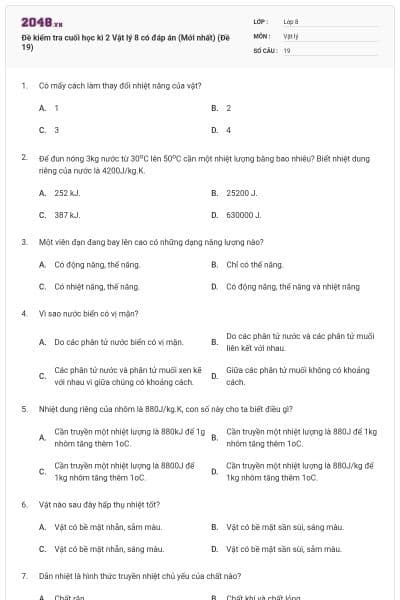 Đề kiểm tra cuối học kì 2 Vật lý 8 có đáp án (Mới nhất) (Đề 19)