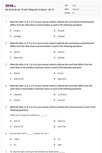 Bộ 20 đề thi vào 10 môn Tiếng anh có đáp án - Đề 13
