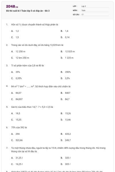 Đề thi cuối kì I Toán lớp 5 có đáp án - Đề 3