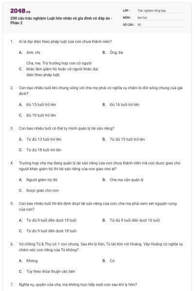 200 câu trắc nghiệm Luật hôn nhân và gia đình có đáp án - Phần 2