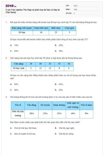 3 câu Trắc nghiệm Thu thập và phân loại dữ liệu có đáp án (Vận dụng)