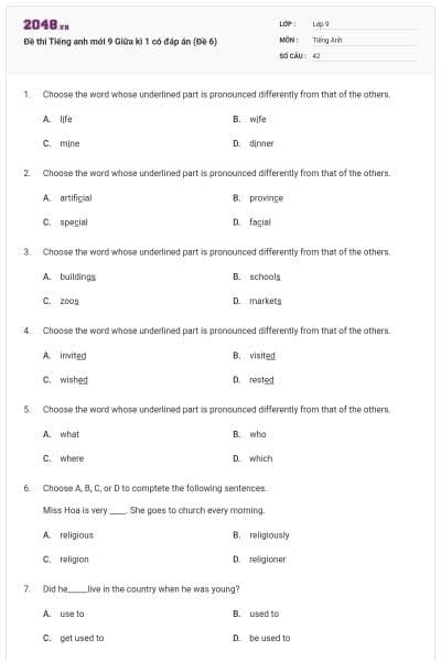 Đề thi Tiếng anh mới 9 Giữa kì 1 có đáp án (Đề 6)